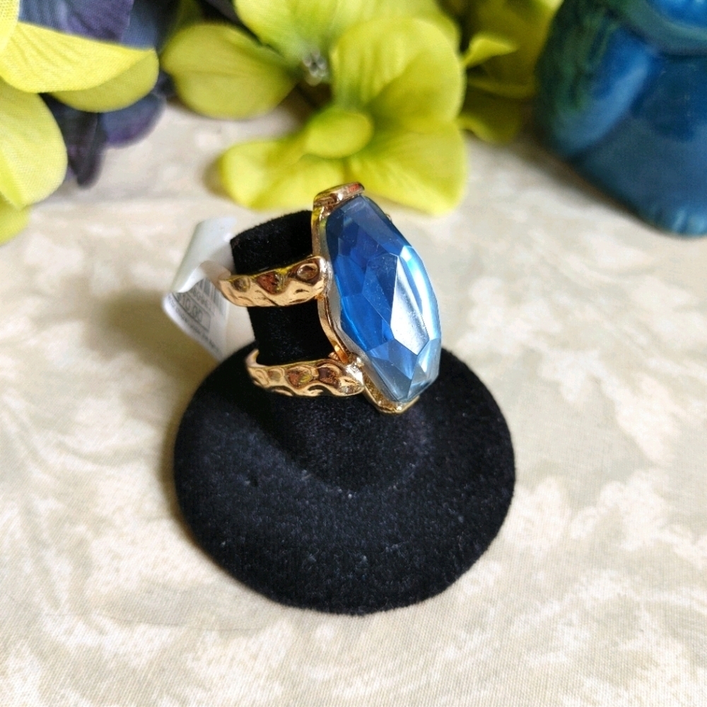 Double Gold Band with Oblong Blue Stone Ring
